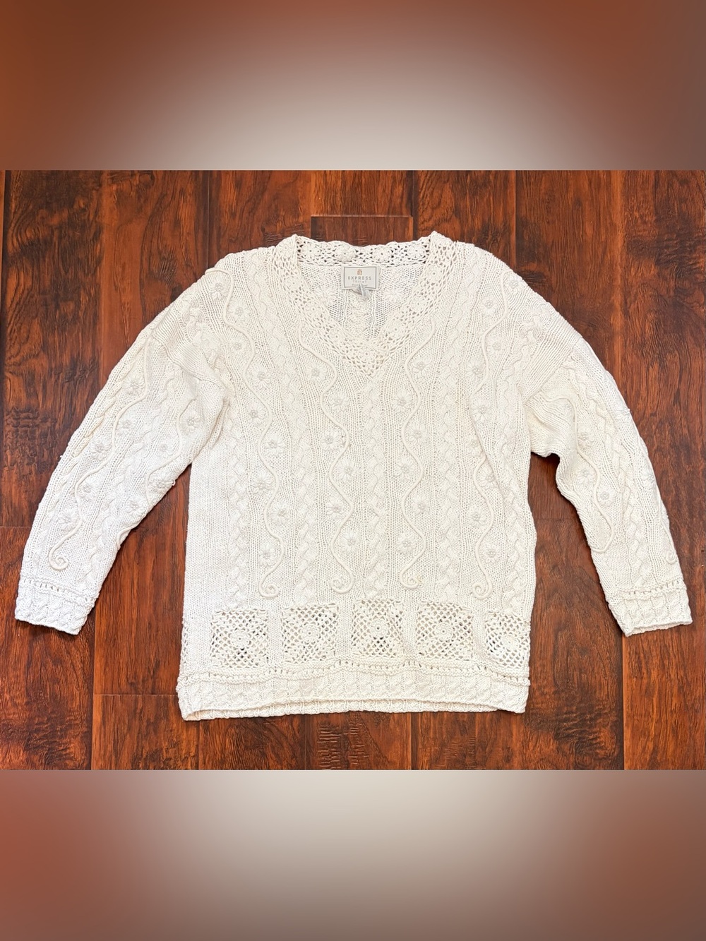 Vintage Express Tricot Handknitted Cable Knit Sweater Ivory Size M